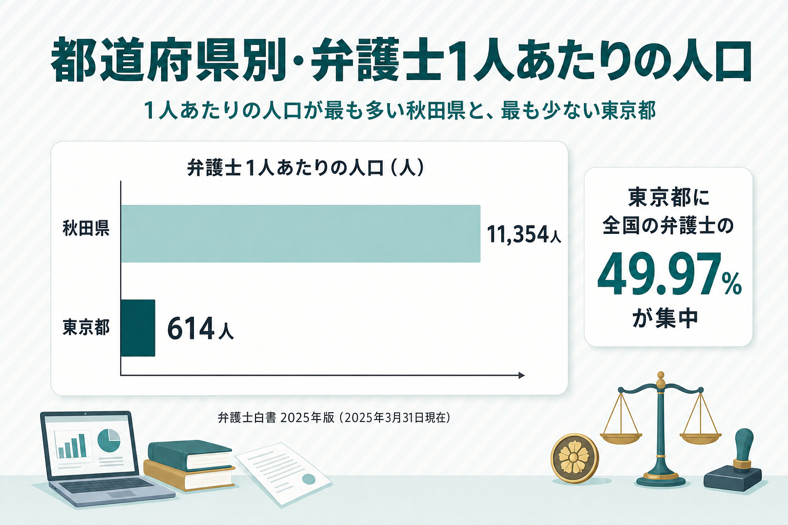 弁護士1人あたりの人口を、最も多い秋田県11,354人と最も少ない東京都614人の2本の横棒で比較した図。東京都に全国の弁護士の49.97%が集中していることを併記し、弁護士白書2025年版(2025年3月31日現在)を出典として明記している。地方が狙い目と読める強調や色分けはしていない