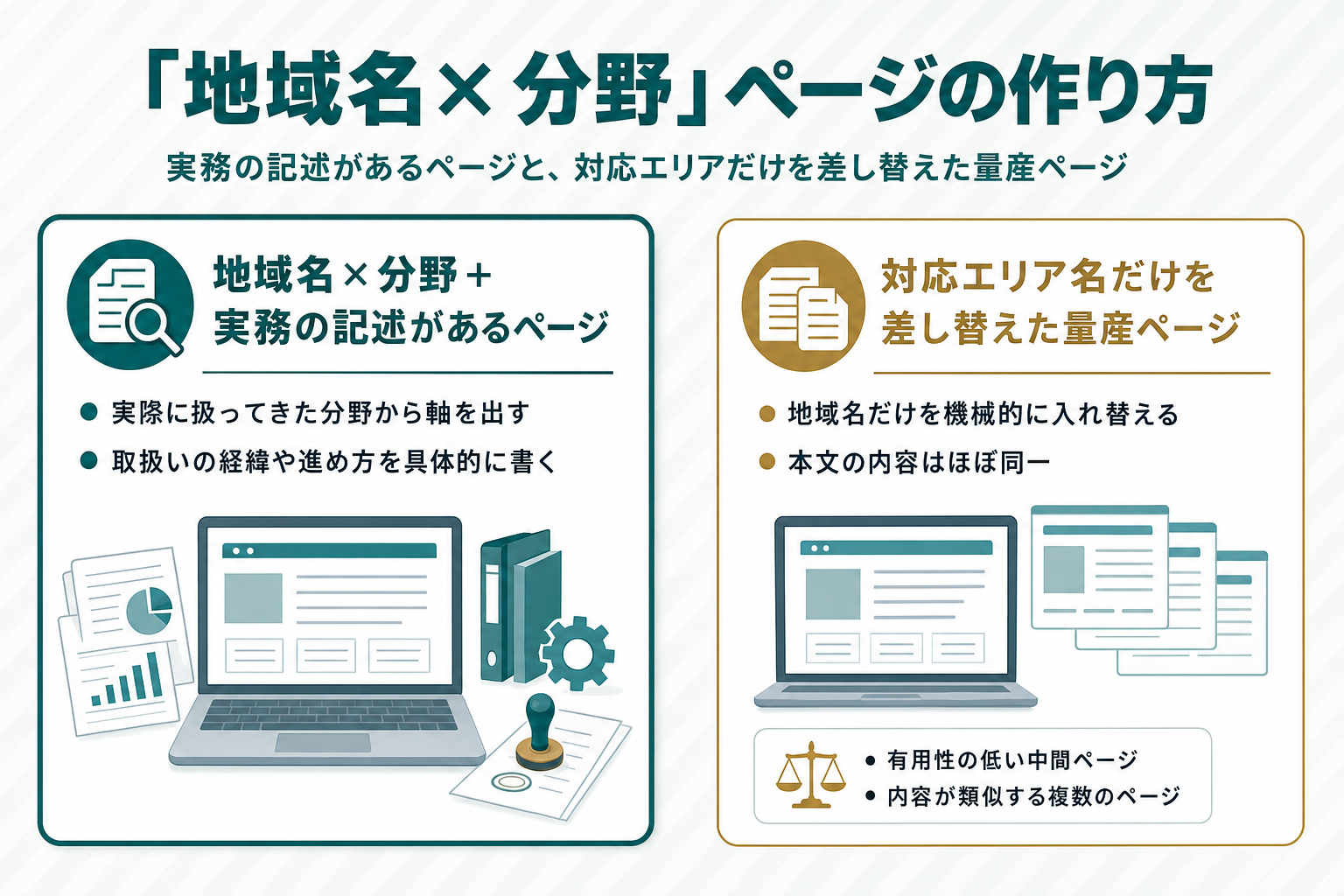 地域名×分野の掛け合わせで実務の記述があるページと、対応エリア名だけを差し替えた量産ページを左右に比較する図。量産ページ側には有用性の低い中間ページや内容が類似する複数ページというGoogleの原文条件を注記し、断定的なNGラベルは付けていない