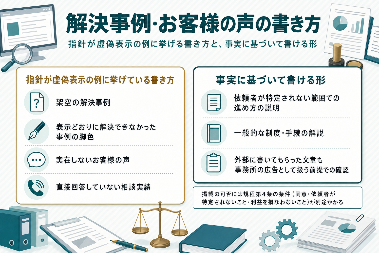 指針が虚偽表示の例に挙げる4つの書き方(架空の解決事例・脚色・実在しないお客様の声・直接回答していない相談実績)と、事実に基づいて書ける形(依頼者が特定されない進め方の説明・一般的な制度解説・外部原稿も広告として扱う前提の確認)を左右に並置した図。安全を示すチェックマークや変換矢印は使わず、下部に規程第4条の条件が別途かかる旨の注記を付けている