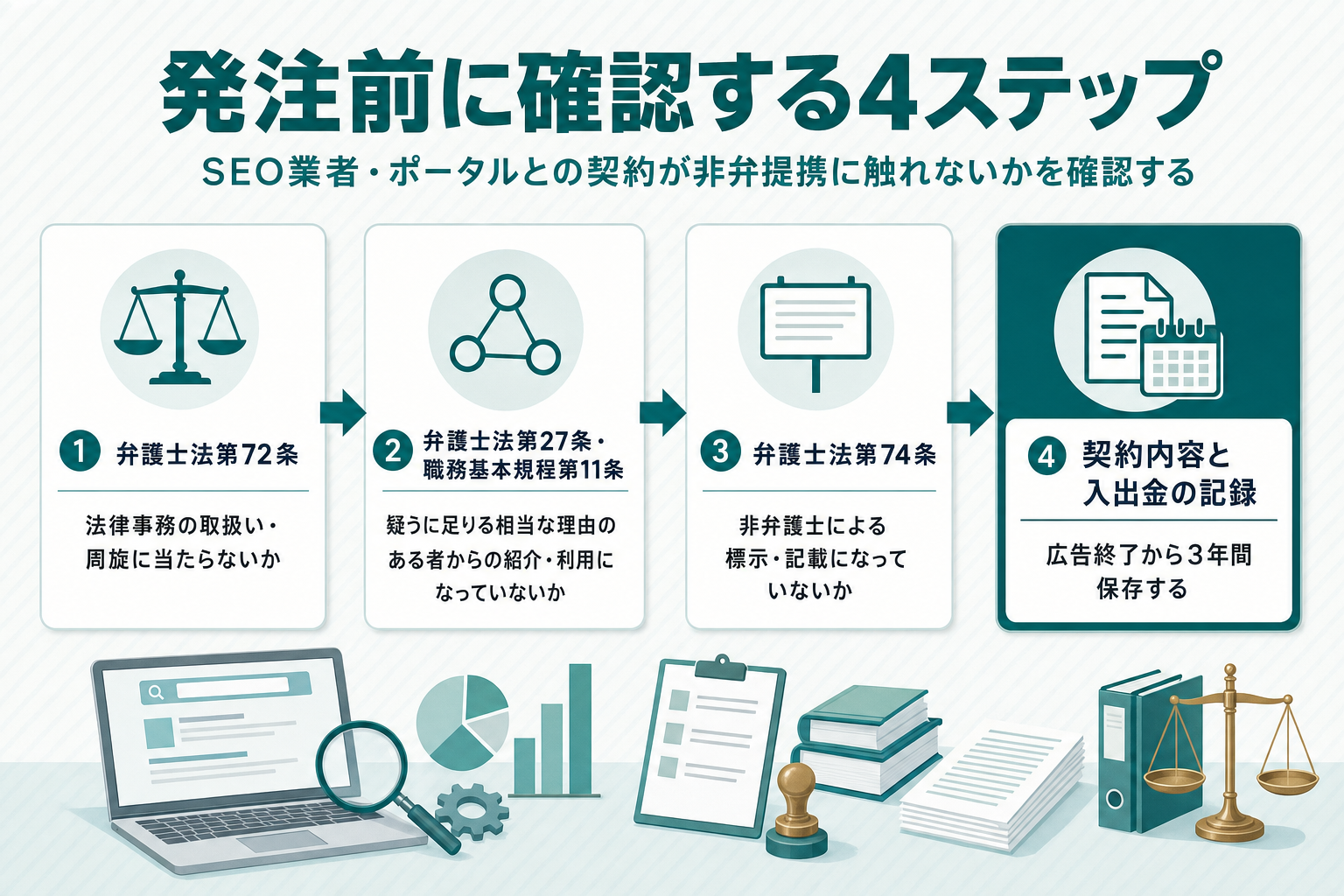 SEO業者やポータルからの提案を発注前に確認する4ステップのフロー図。①弁護士法72条の法律事務の取扱い・周旋に当たらないか②弁護士法27条・職務基本規程11条の疑うに足りる相当な理由のある者からの紹介・利用になっていないか③弁護士法74条の非弁護士による標示・記載になっていないか④契約内容と入出金記録を広告終了から3年間保存する、という一方向の矢印のみで示した図。価格軸のラベルやYES安全・NO違法の判定ラベルは付けていない