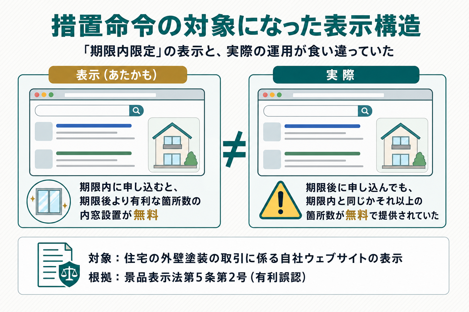 措置命令の対象になった表示構造を示すビフォーアフター図。左に期限内に申込むと期限後より有利な箇所数の内窓設置が無料という表示、右に期限後に申込んでも期限内と同じかそれ以上の箇所数が無料だった実際の運用を対比し、景品表示法第5条第2号（有利誤認）が根拠であることを示す