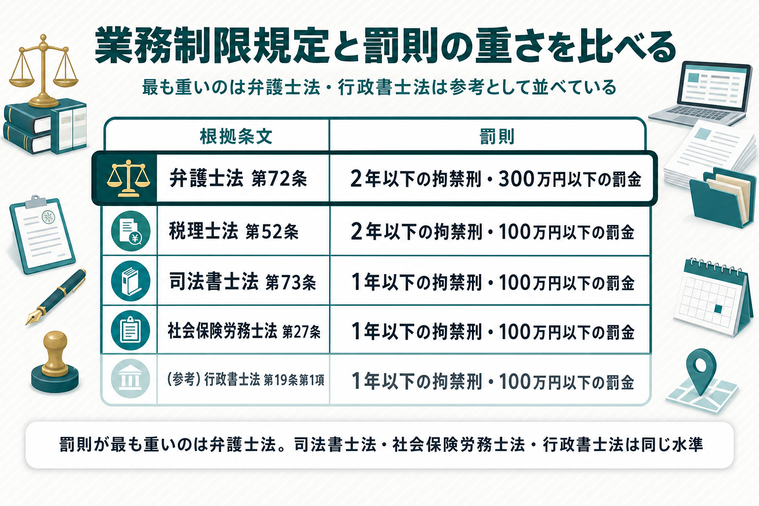 弁護士法・司法書士法・税理士法・社会保険労務士法の業務制限規定と罰則の重さを並べ、参考として行政書士法の業務制限違反の罰則も薄い色で示した比較表