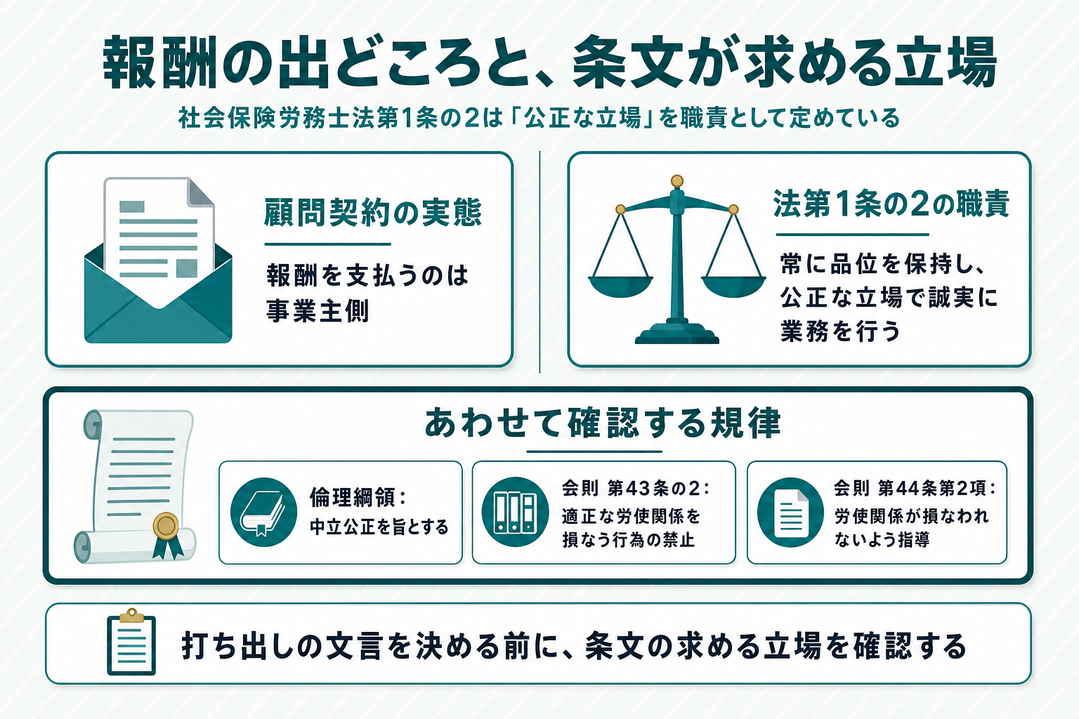報酬を払うのは事業主であるという事実と、条文が求めるのは公正な立場であるという事実を左右に並べた対比図