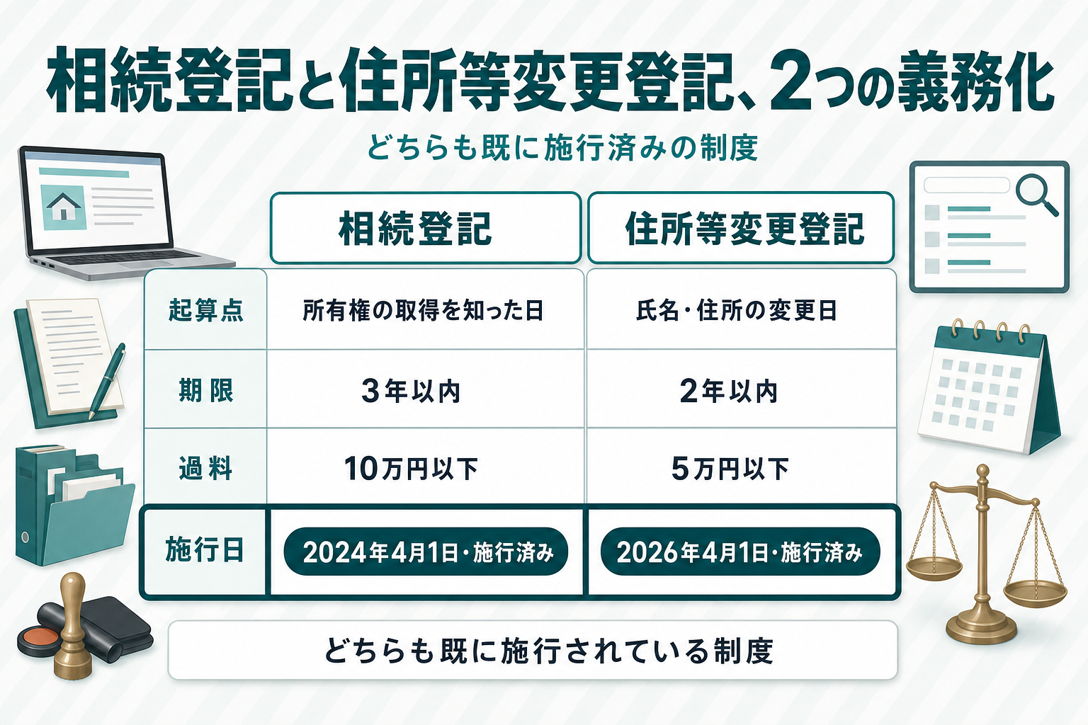 相続登記は取得を知った日から3年以内で10万円以下の過料、住所等変更登記は変更日から2年以内で5万円以下の過料という2制度を並べ、どちらも施行済みであることを示した比較表