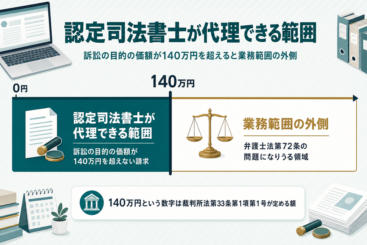 認定司法書士が代理できるのは訴訟の目的の価額が140万円を超えない請求までで、それを超える領域は業務範囲の外側として弁護士法第72条の問題になりうることを示したしきい値スケール図。140万円は裁判所法第33条第1項第1号が定める額であると注記している