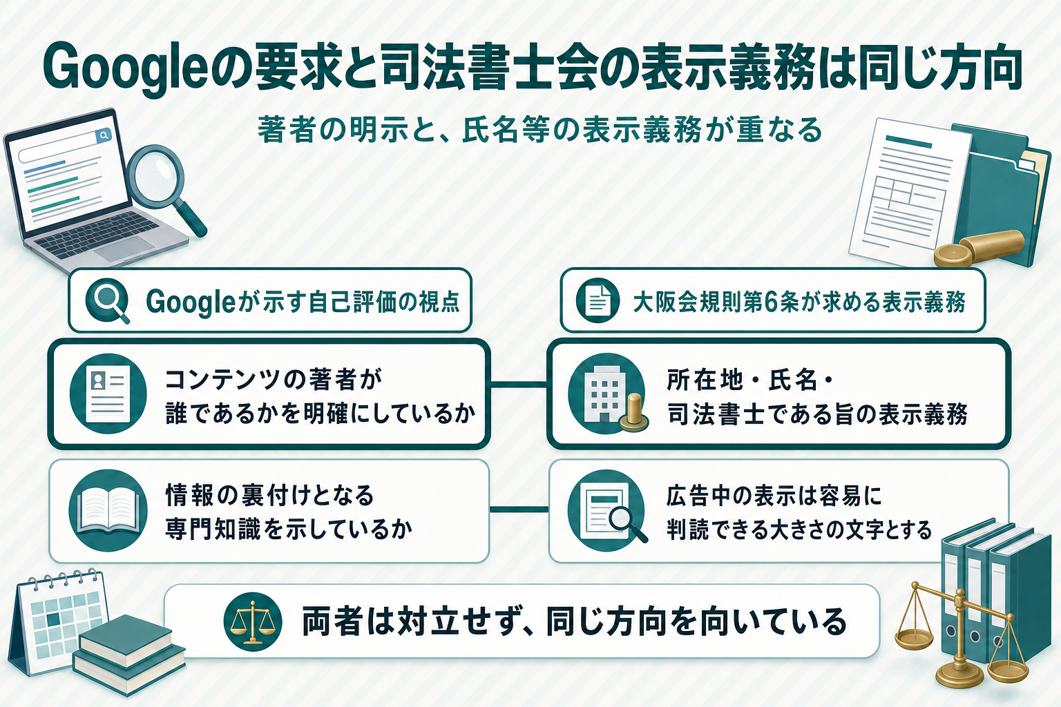 Googleが求める著者を明確にする姿勢と、司法書士会の規則が求める所在地・氏名・司法書士である旨の表示義務が、対立せず同じ方向を向いていることを示した対応関係図