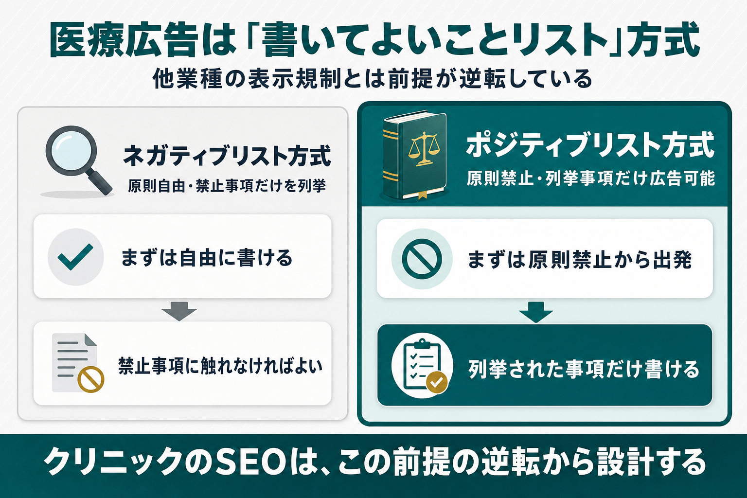 他業種の一般的な表示規制が禁止事項だけを列挙するネガティブリスト方式であるのに対し、医療広告は列挙された事項だけを広告可能とするポジティブリスト方式であることを左右対比で示した図解