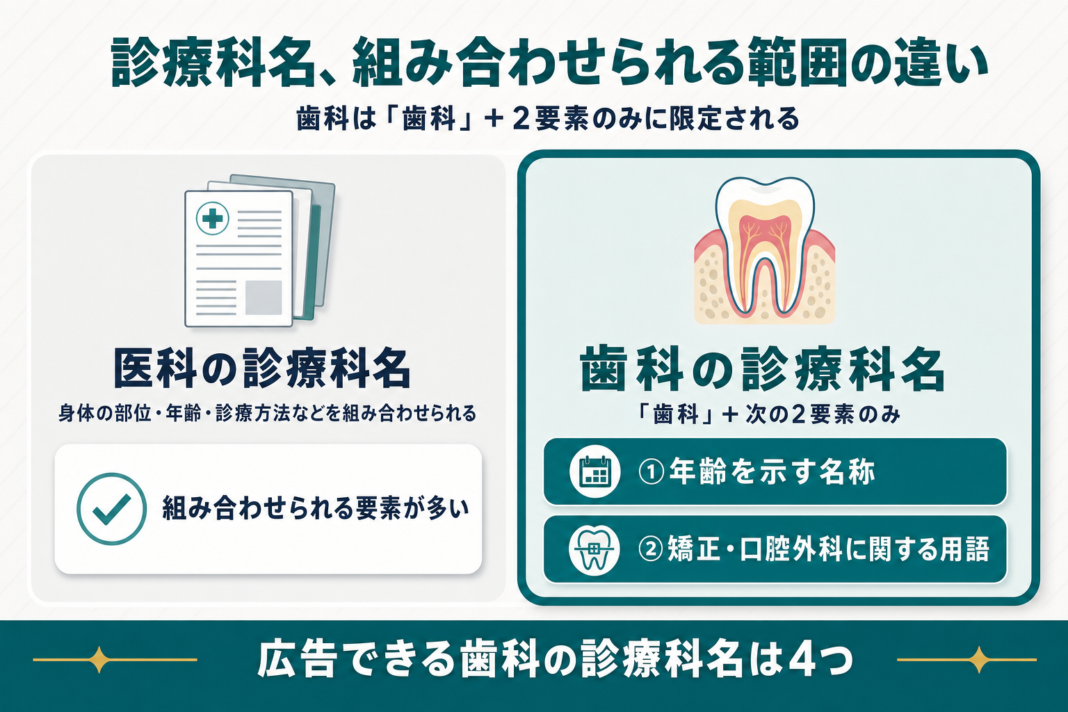 歯科の診療科名は「歯科」に年齢を示す名称と矯正・口腔外科に関する用語の2要素のみを組み合わせられる仕組みを、組み合わせの幅が広い医科の診療科名と対比して示した図解