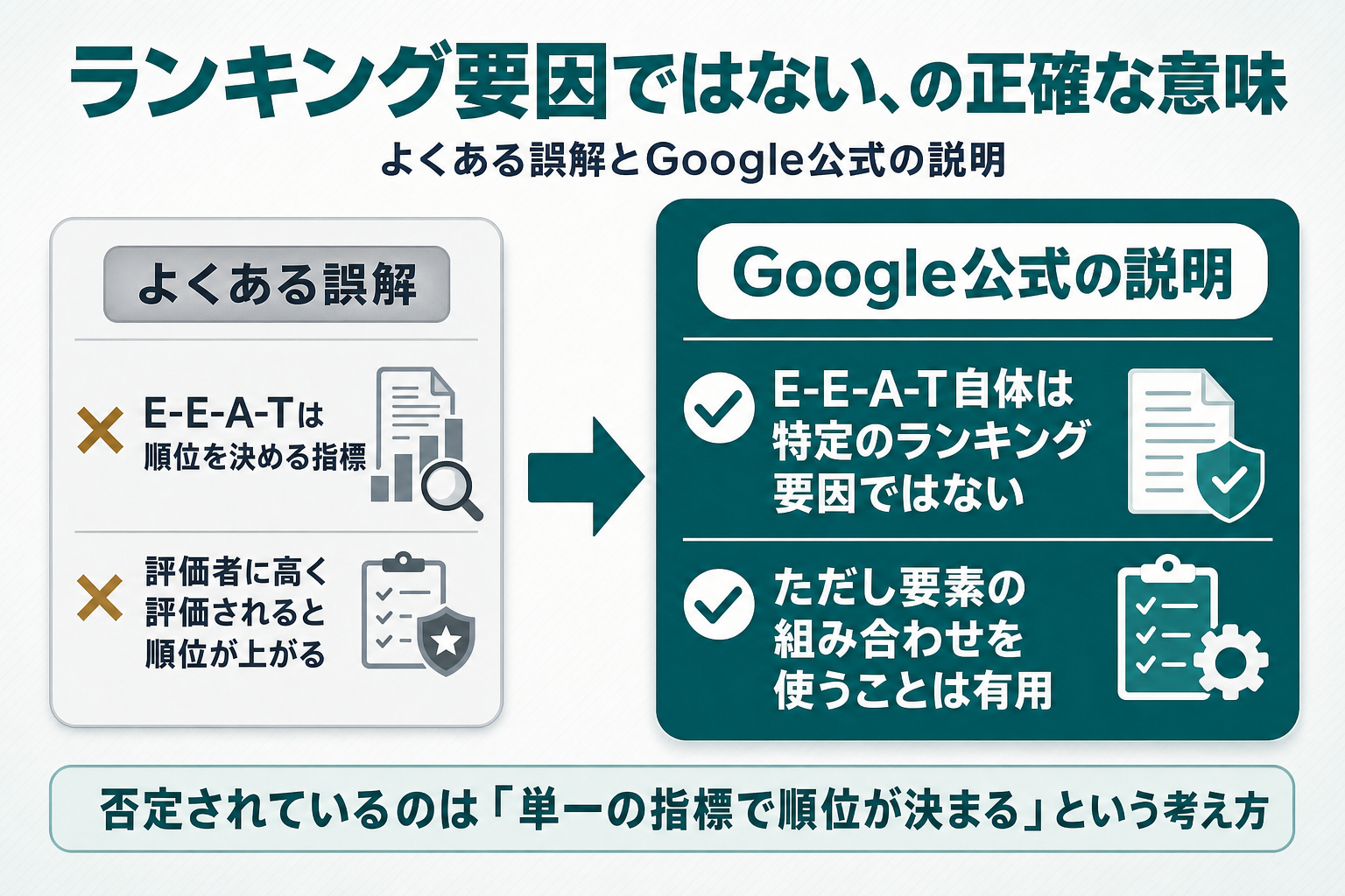 左に「よくある誤解:E-E-A-Tはランキング要因/評価者に高評価されると順位が上がる」、右に「Google公式の説明:E-E-A-T自体はランキング要因ではないが要素の組み合わせは有効・単一の評価は順位を直接動かさない」を配置した対比図