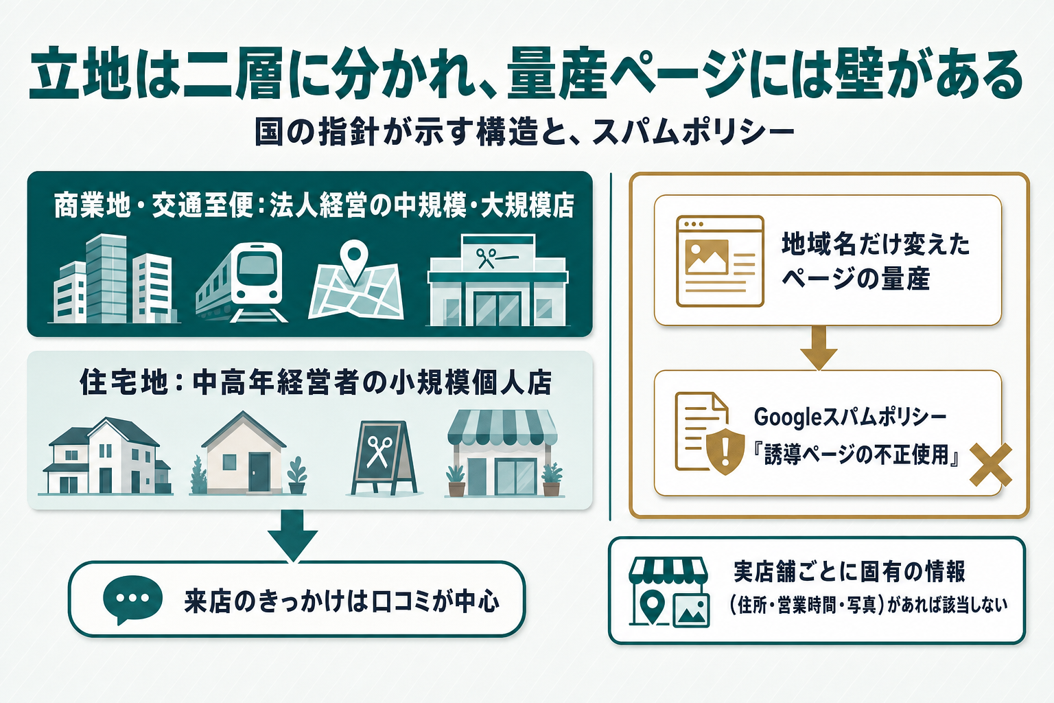 二層のマップ型図。上段に「商業地・交通至便:法人経営の中規模・大規模店」の帯(ティール色)、下段に「住宅地:中高年経営者の小規模個人店」の帯(淡色)を配置する。中央から下向きの矢印で「来店のきっかけは口コミが中心」という吹き出しを添える。右側には真鍮色の枠の警告ゾーンで「地域名だけ変えたページの量産→Googleスパムポリシー『誘導ページの不正使用』」と示し、その下に「実店舗ごとに固有の情報(住所・営業時間・写真)があれば該当しない」と注記した図