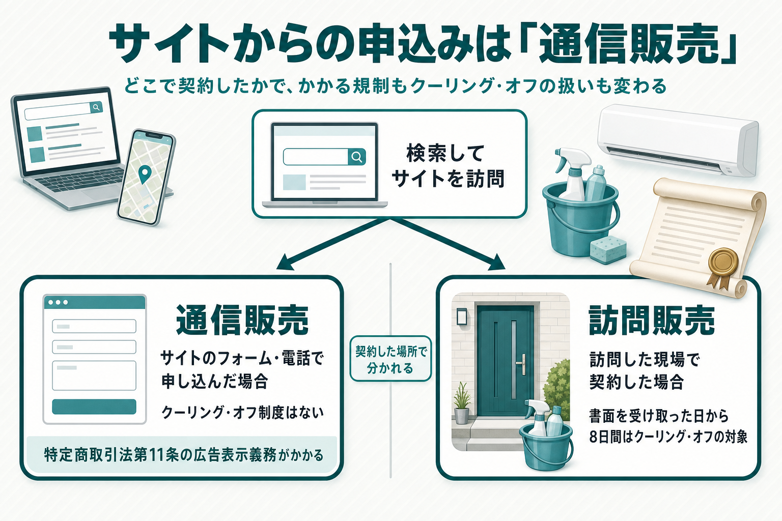 検索からサイト訪問後の申込み経路を「サイトのフォーム・電話での申込み＝通信販売（クーリング・オフなし、特商法第11条の広告表示義務あり）」と「訪問時の現場契約＝訪問販売（8日間のクーリング・オフ対象）」の2ルートに分けたフロー図