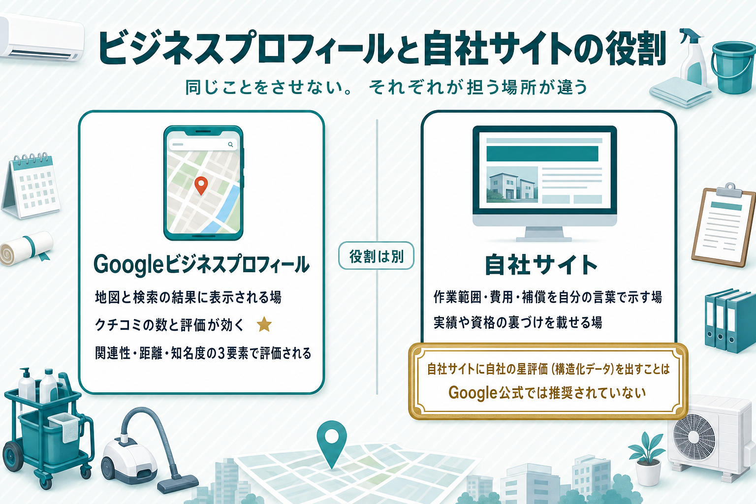 Googleビジネスプロフィールと自社サイトの役割分担を示す2カラム図。左カードはGoogleビジネスプロフィール（関連性・距離・知名度の3要素、クチコミ評価）、右カードは自社サイト（情報の充実度・信頼性を裏づけるコンテンツ、星評価の構造化データは非推奨）を示す