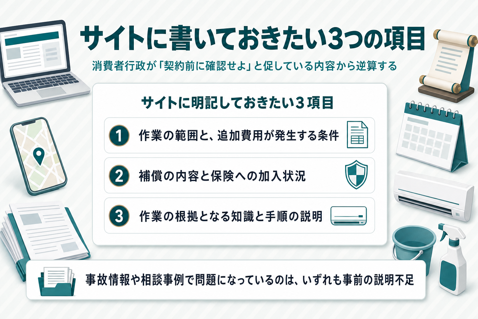 サイトに掲載すべき3項目のチェックリスト図。①作業範囲と追加費用が発生する条件を明記②補償内容・保険加入を明記③正しい知識・技術に基づく作業であることを説明、の3項目をチェックマーク付きで表示