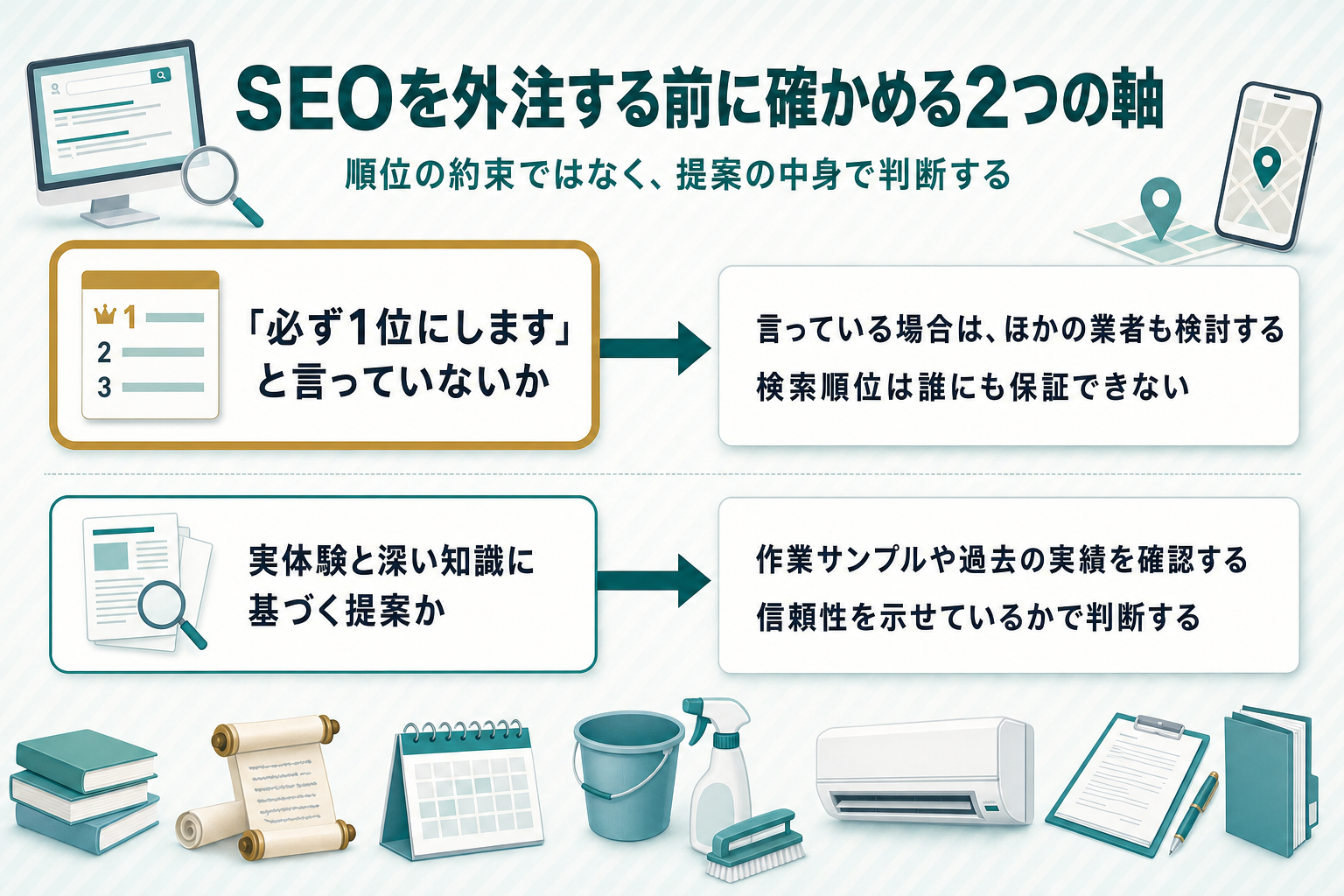 SEO業者を選ぶときの確認軸を示すフロー図。「必ず1位にします」と言っていないかの確認と、実体験・深い知識に基づく提案かどうかの確認という2つの軸を示し、それぞれの結果への矢印を配置