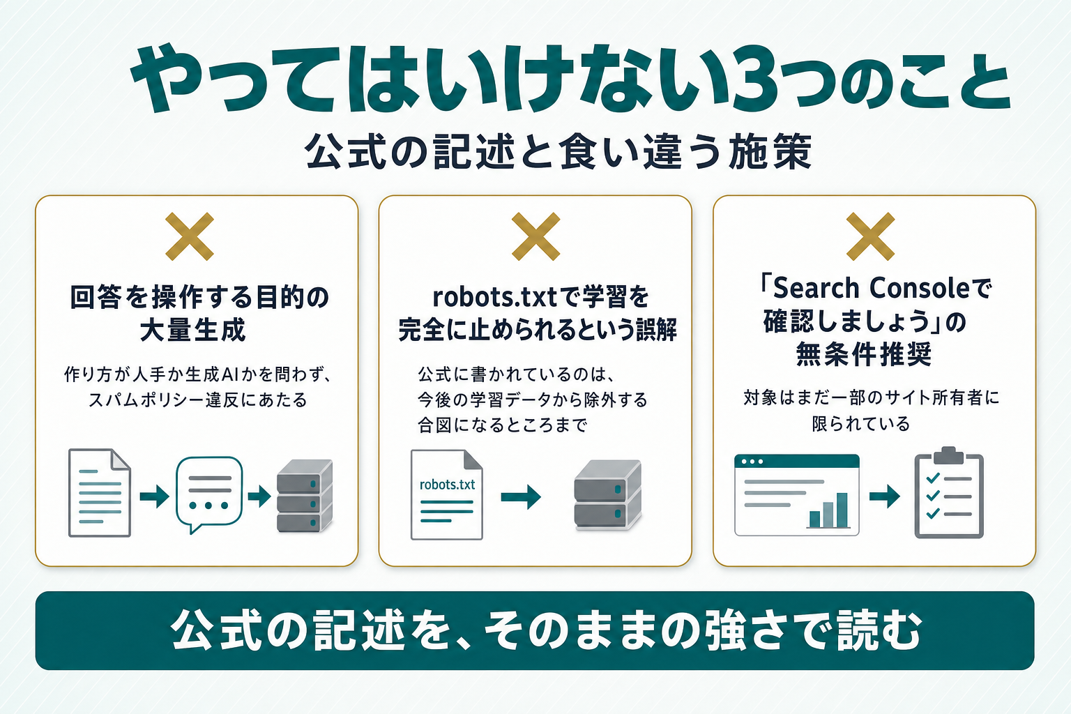 3つのNG事例カード(①AIの回答を操作する目的の大量生成、②robots.txtで学習を完全に止められるという誤解、③Search Consoleで確認しましょうの無条件推奨)をブランドカラーの濃色で示した図解。注意喚起の記号が添えられ、キャラクターや驚いた表情のイラストは使われていない