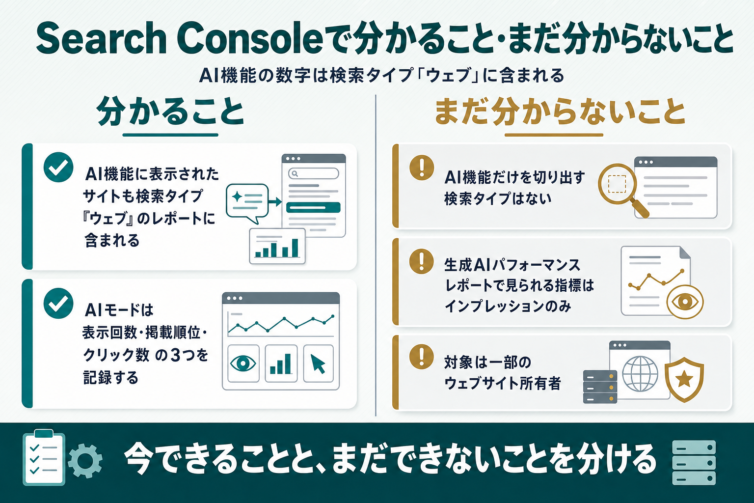 Search Consoleで分かることとまだ分からないことを対比した2カラム図。左(分かること)に「AI機能に表示されたサイトも検索タイプ『ウェブ』のレポートに含まれる」「AIモードは表示回数・掲載順位・クリック数の3つを記録する」、右(まだ分からないこと)に「AI機能だけを切り出す検索タイプはない」「生成AIパフォーマンス レポートで見られる指標はインプレッションのみ」「対象は一部のウェブサイト所有者」を配置している