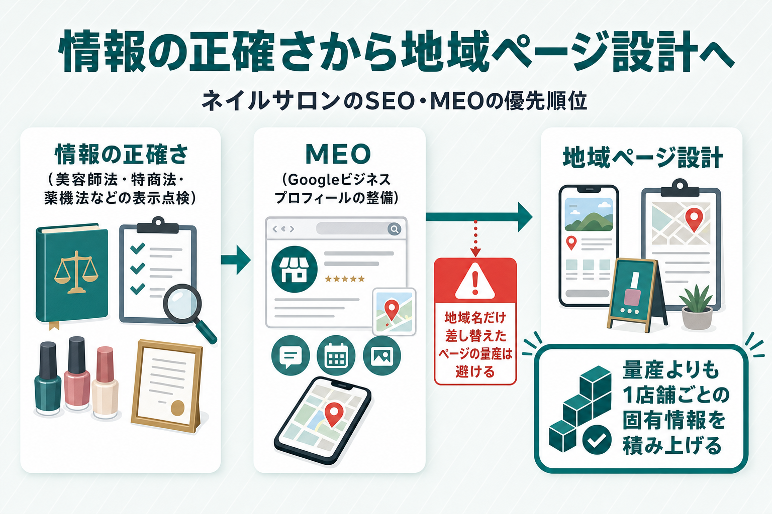情報の正確さからMEO、地域ページ設計へと至る優先順位の流れを示すフロー図。矢印の途中に地域名だけ差し替えたページの量産という分岐を赤系の警告ラベルで示し、量産よりも1店舗ごとの固有情報を積む側を強調した図
