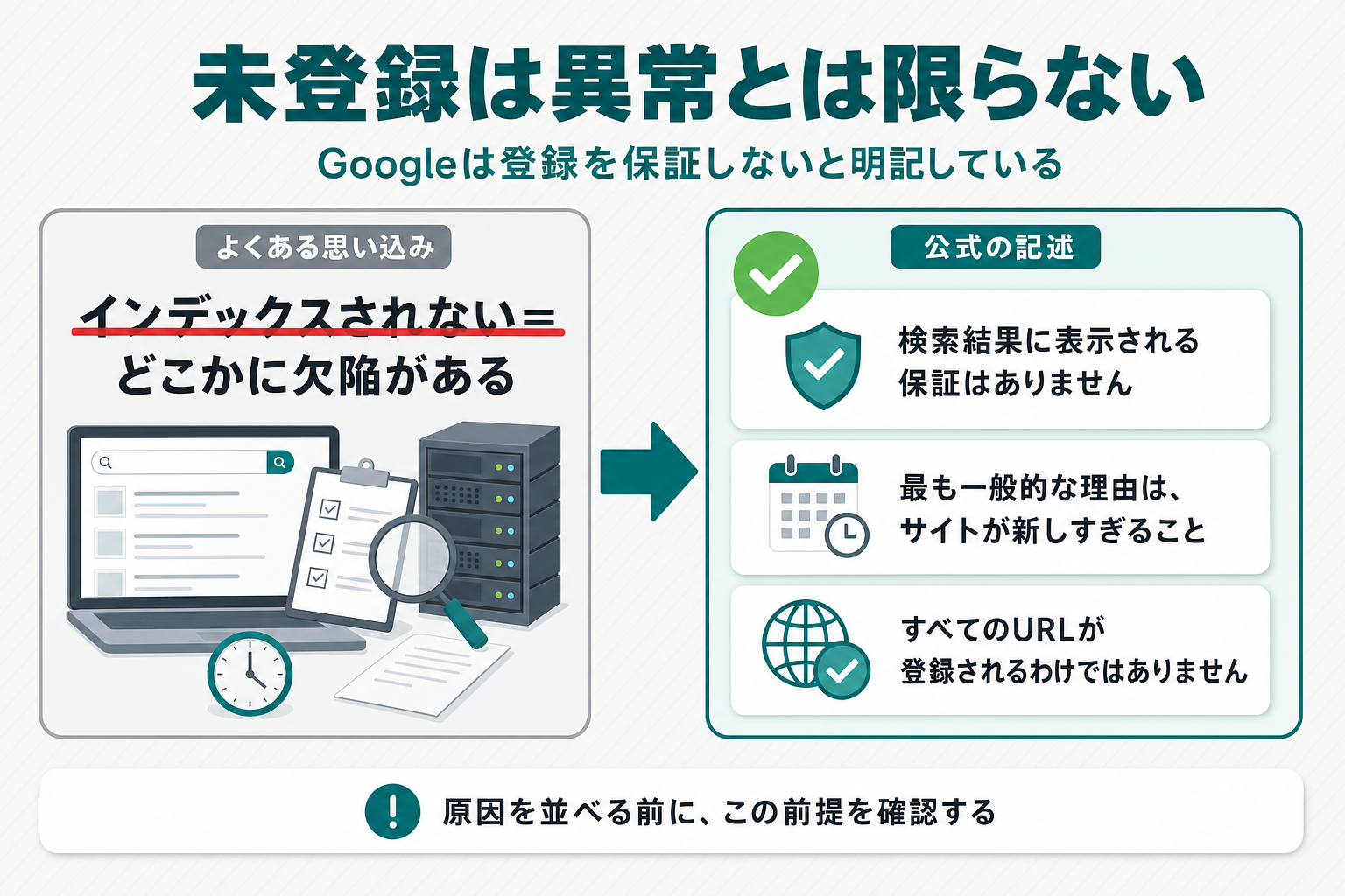「よくある思い込み：インデックスされない＝どこかに欠陥がある」と、公式の記述「検索結果に表示される保証はありません」「最も一般的な理由は、サイトが新しすぎること」「すべてのURLが登録されるわけではありません」を左右に対比し、下部に「原因を並べる前に、この前提を確認する」と添えた図解