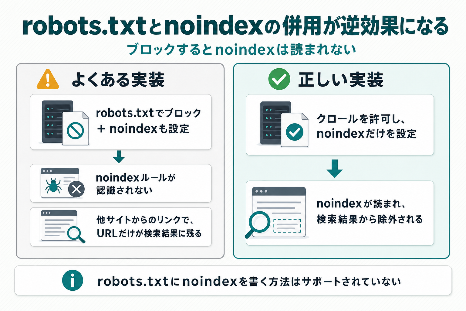 「よくある実装：robots.txtでブロック＋noindexも設定」ではnoindexルールが認識されず他サイトからのリンクでURLだけが検索結果に残るのに対し、「正しい実装：クロールを許可し、noindexだけを設定」なら検索結果から除外されることを左右に対比し、下部に「robots.txtにnoindexを書く方法はサポートされていない」と添えた図解