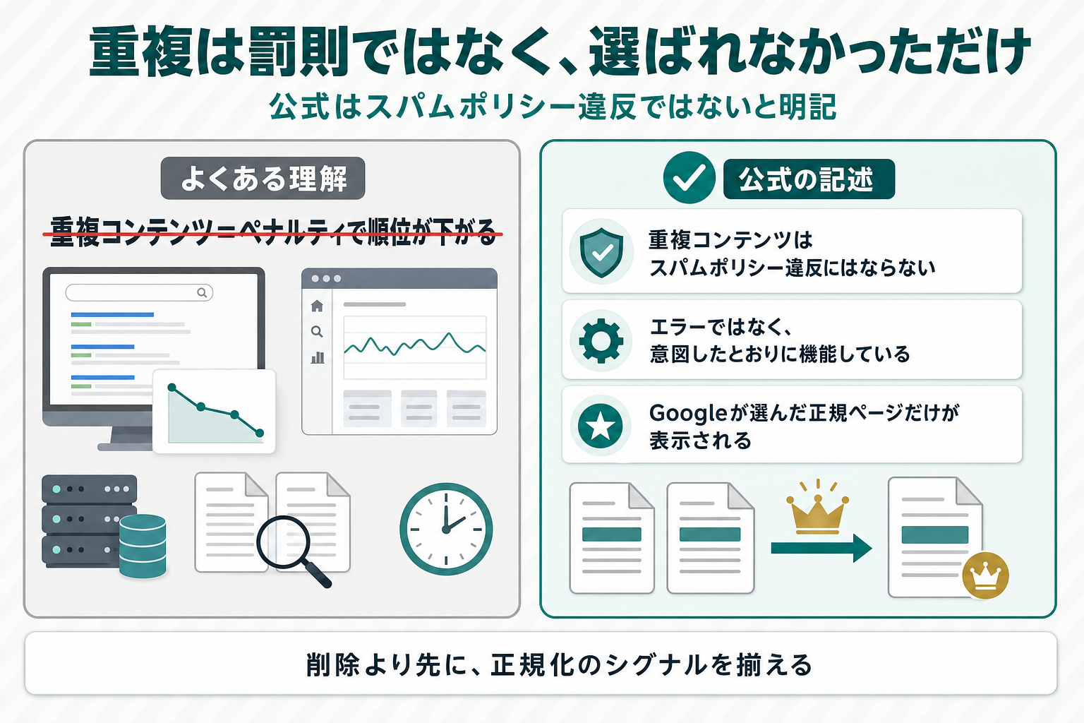 「よくある理解：重複コンテンツ＝ペナルティで順位が下がる」に打ち消し線を重ね、公式の記述「重複コンテンツはスパムポリシー違反にはならない」「エラーではなく、意図したとおりに機能している」「Googleが選んだ正規ページだけが表示される」と左右に対比し、下部に「削除より先に、正規化のシグナルを揃える」と添えた図解