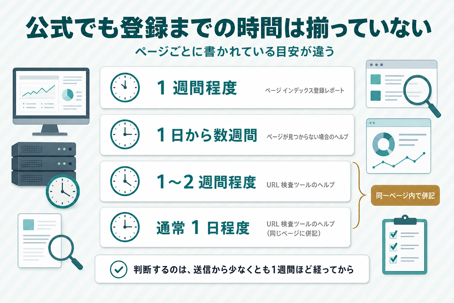 インデックス登録までにかかる時間の公式の記述を縦に並べた一覧図。「1 週間程度（ページ インデックス登録レポート）」「1 日から数週間（ページが見つからない場合のヘルプ）」「1〜2 週間程度」「通常 1 日程度」を示し、後ろの2つはURL 検査ツールのヘルプに同一ページ内で併記されていることを添え、下部に「判断するのは、送信から少なくとも1週間ほど経ってから」と書いた図解