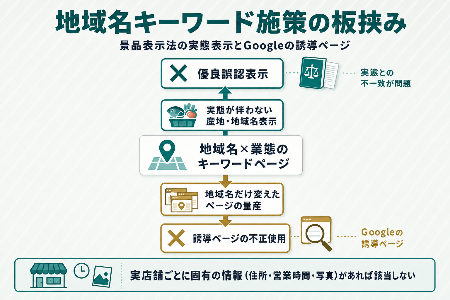 二重の壁図。中央に起点ボックス「地域名×業態のキーワードページ」。上方向の矢印は「実態が伴わない産地・地域名表示」から景品表示法「優良誤認表示」の✕マークへ、脇に「実態との不一致が問題」と注記する。下方向の矢印は「地域名だけ変えたページの量産」からGoogleスパムポリシー「誘導ページの不正使用」の✕マークへ向かう。図の下部に「実店舗ごとに固有の情報（住所・営業時間・写真）があれば該当しない」と注記した図
