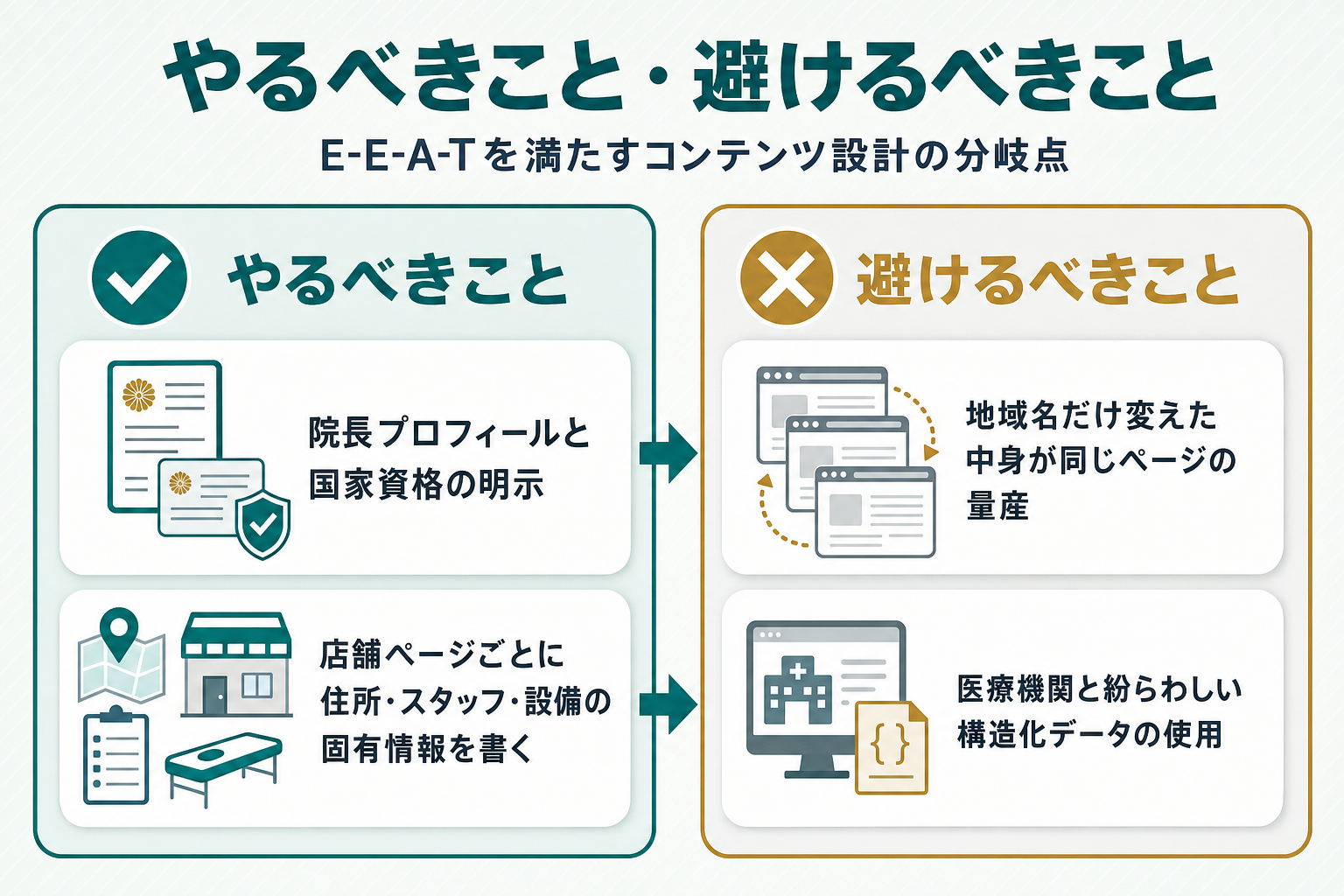 やるべきこと(院長プロフィールと国家資格の明示、店舗ページごとに住所・スタッフ・設備の固有情報を書く)と避けるべきこと(地域名だけ変えた中身が同じページの量産、医療機関と紛らわしい構造化データの使用)を左右2ゾーンで対比する図