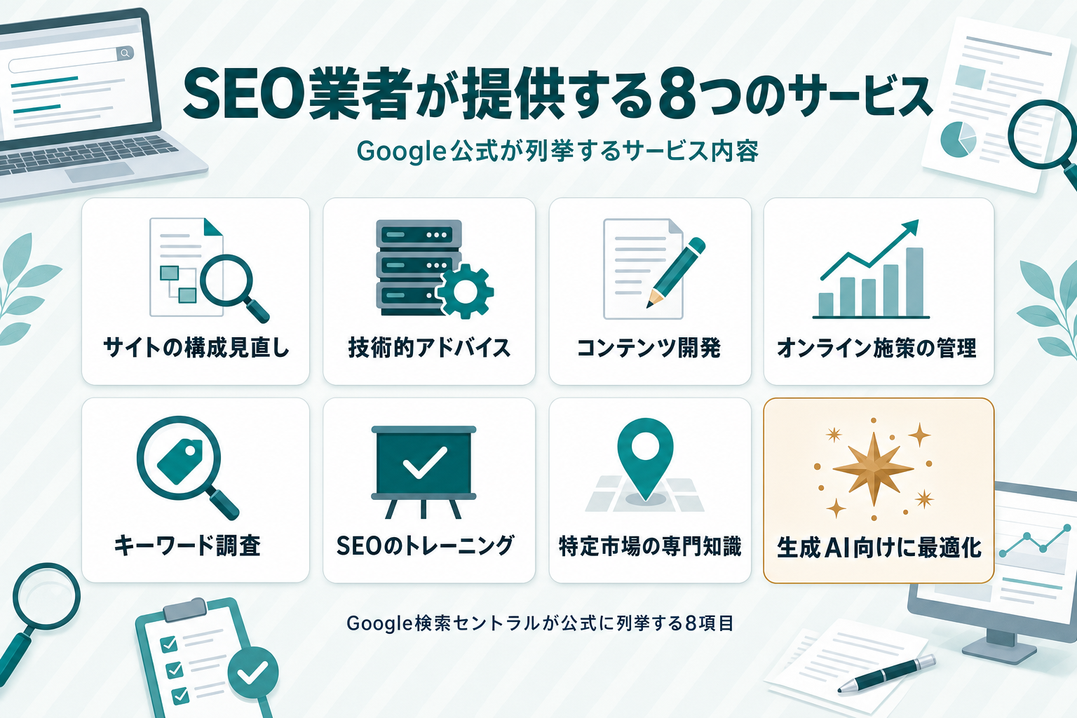 SEOコンサルが提供する8つのサービスを白角丸カードで示した図。サイトの構成見直し・技術的アドバイス・コンテンツ開発・オンライン施策の管理・キーワード調査・SEOのトレーニング・特定市場の専門知識・生成AI向けに最適化の8項目を並べ、末尾の生成AI向け最適化だけ真鍮色で強調している