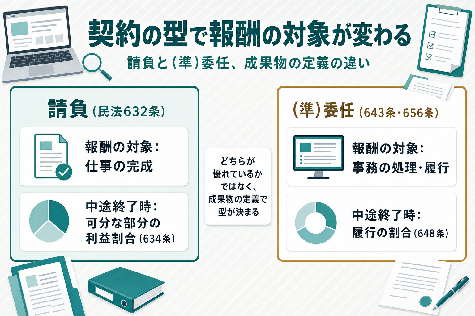 SEOコンサルの契約類型を請負と（準）委任の2パネルで比較した図。左は請負（民法632条）で報酬の対象は仕事の完成・中途終了時は可分な部分の利益割合、右は（準）委任（643条・656条）で報酬の対象は事務の処理・履行・中途終了時は履行の割合とし、どちらが優れているかではなく成果物の定義で型が決まる点を示している