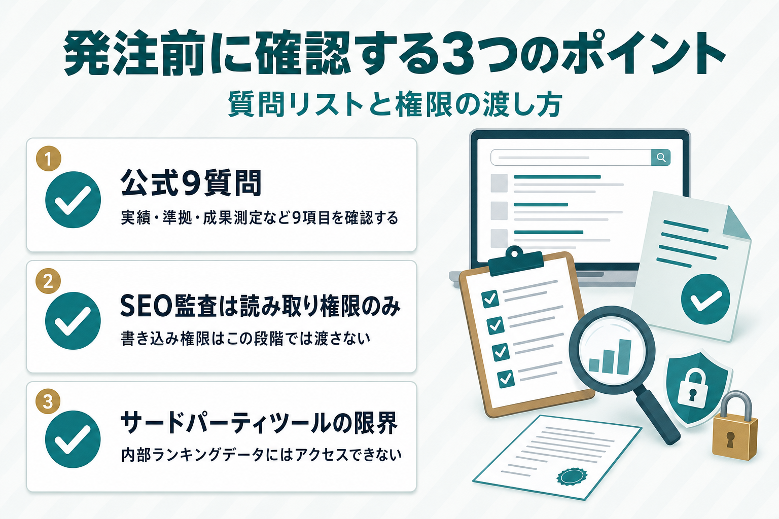 SEOコンサル発注前に確認する3つのポイントを示すチェックリスト図。公式9質問（実績・準拠・成果測定など）、SEO監査は読み取り権限のみ渡す、サードパーティツールは内部ランキングデータにアクセスできないという3項目を並べている