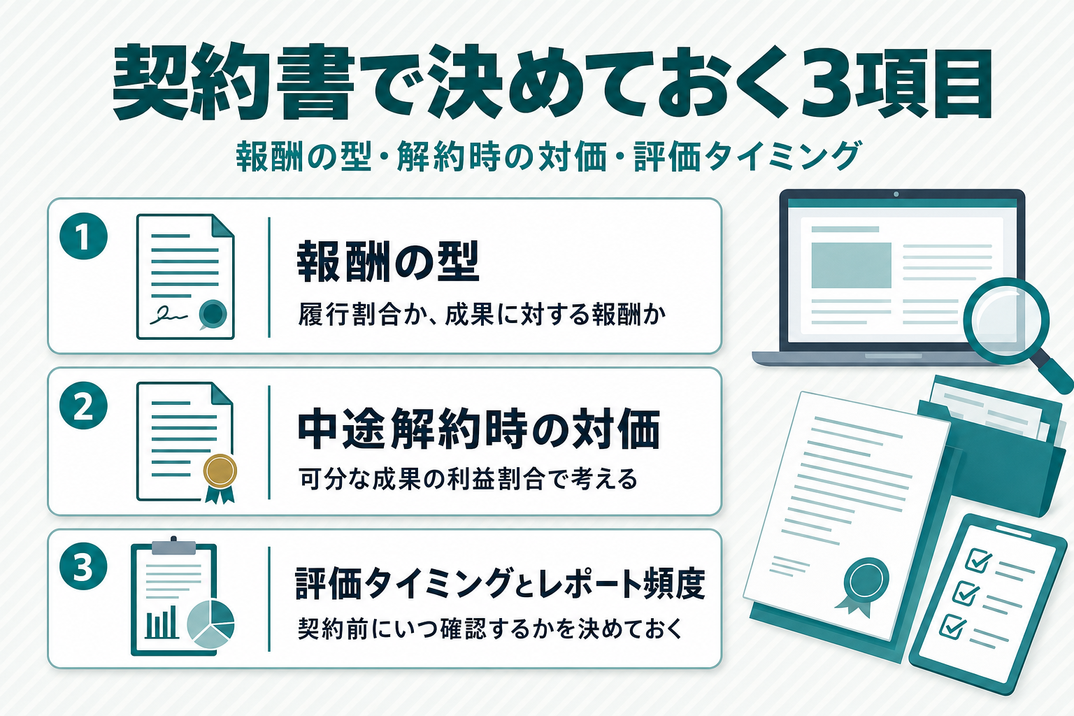 SEOコンサルの契約書で決めておく3項目を示すチェックリスト図。報酬の型（履行割合か成果に対する報酬か）、中途解約時の対価（可分な成果の利益割合）、評価タイミングとレポート頻度の3項目を並べ、金額は描いていない