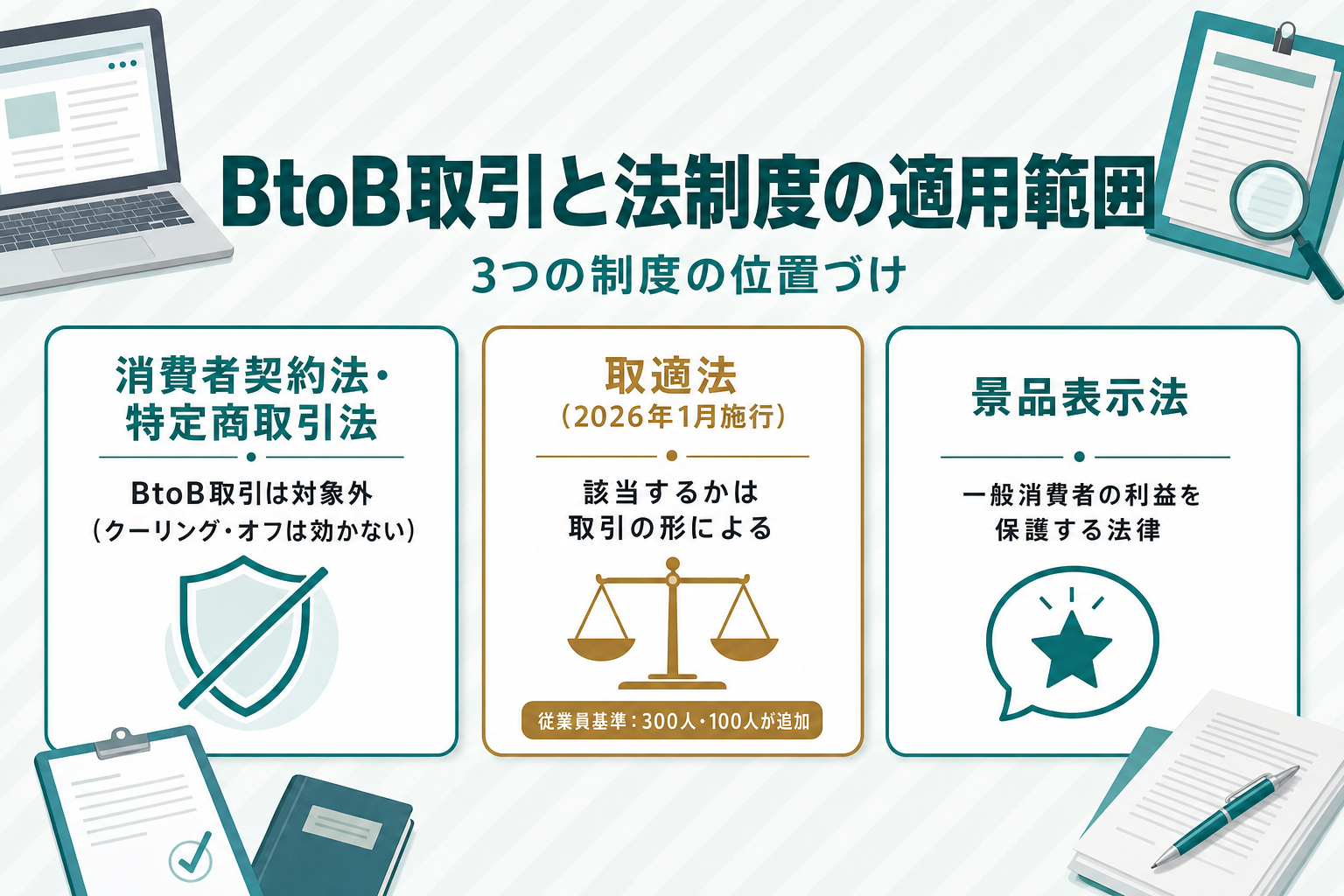 SEOコンサルの発注とBtoB取引に関わる3つの法制度の適用範囲を示す3パネル図。消費者契約法・特定商取引法はBtoB取引が対象外、取適法（2026年1月施行）は該当するかが取引の形による、景品表示法は一般消費者の利益を保護する法律であることを示している