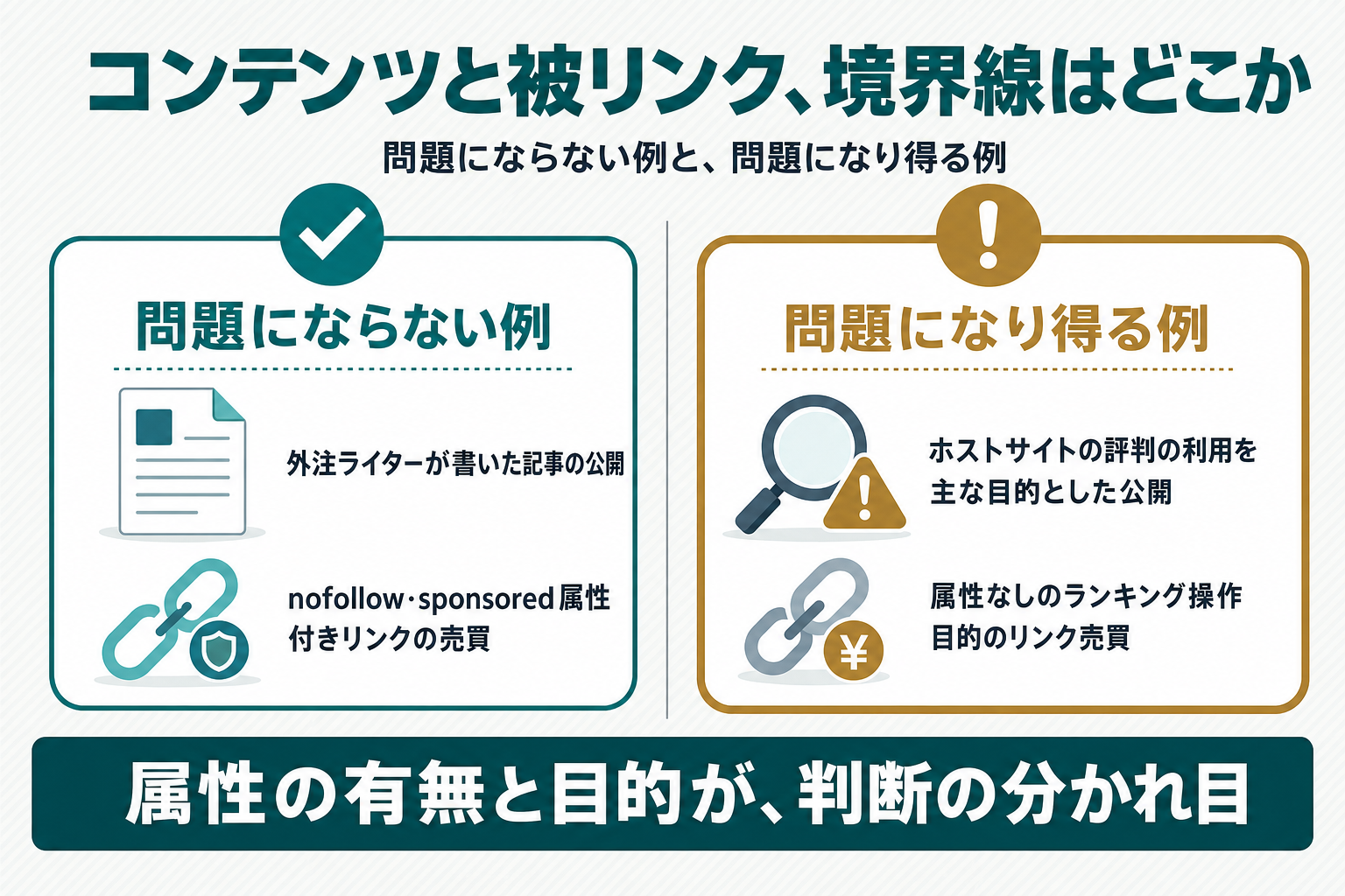 外注先のコンテンツと被リンクについて、問題にならない例と問題になり得る例を2パネルで比較した図。左は外注ライターの記事公開やnofollow・sponsored属性付きリンクの売買、右はホストサイトの評判の利用を主な目的とした公開や属性なしのランキング操作目的のリンク売買を示している