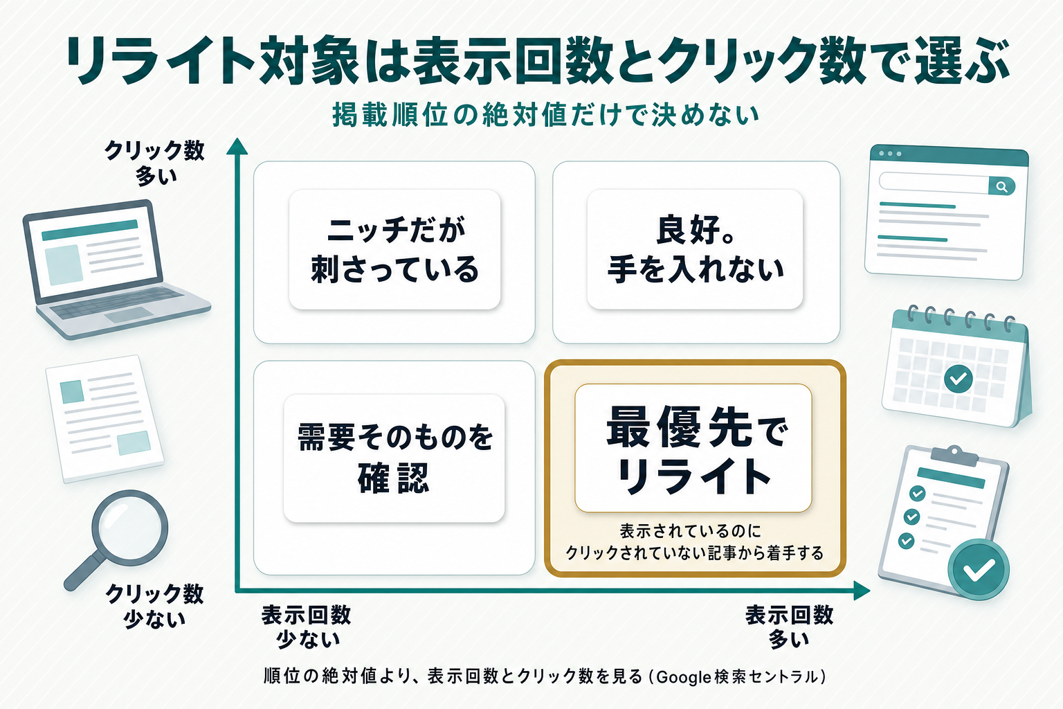 横軸に表示回数、縦軸にクリック数・CTRを取った2軸4象限マトリクス。表示回数は多いがクリックが少ない象限を最優先ゾーンとして強調色で囲んだ図