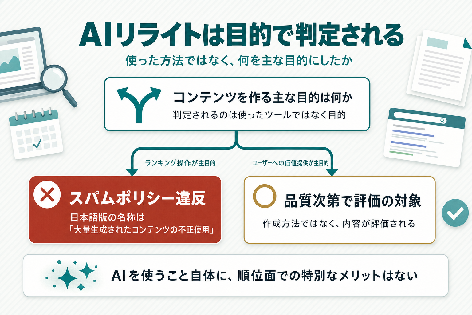 AIを使う目的を分岐点に、ランキング操作が主目的の場合はスパムポリシー違反として赤系で示し、ユーザーへの価値提供が主目的の場合は品質次第で評価対象になるとアクセントカラーで示したYes/No判定フロー図