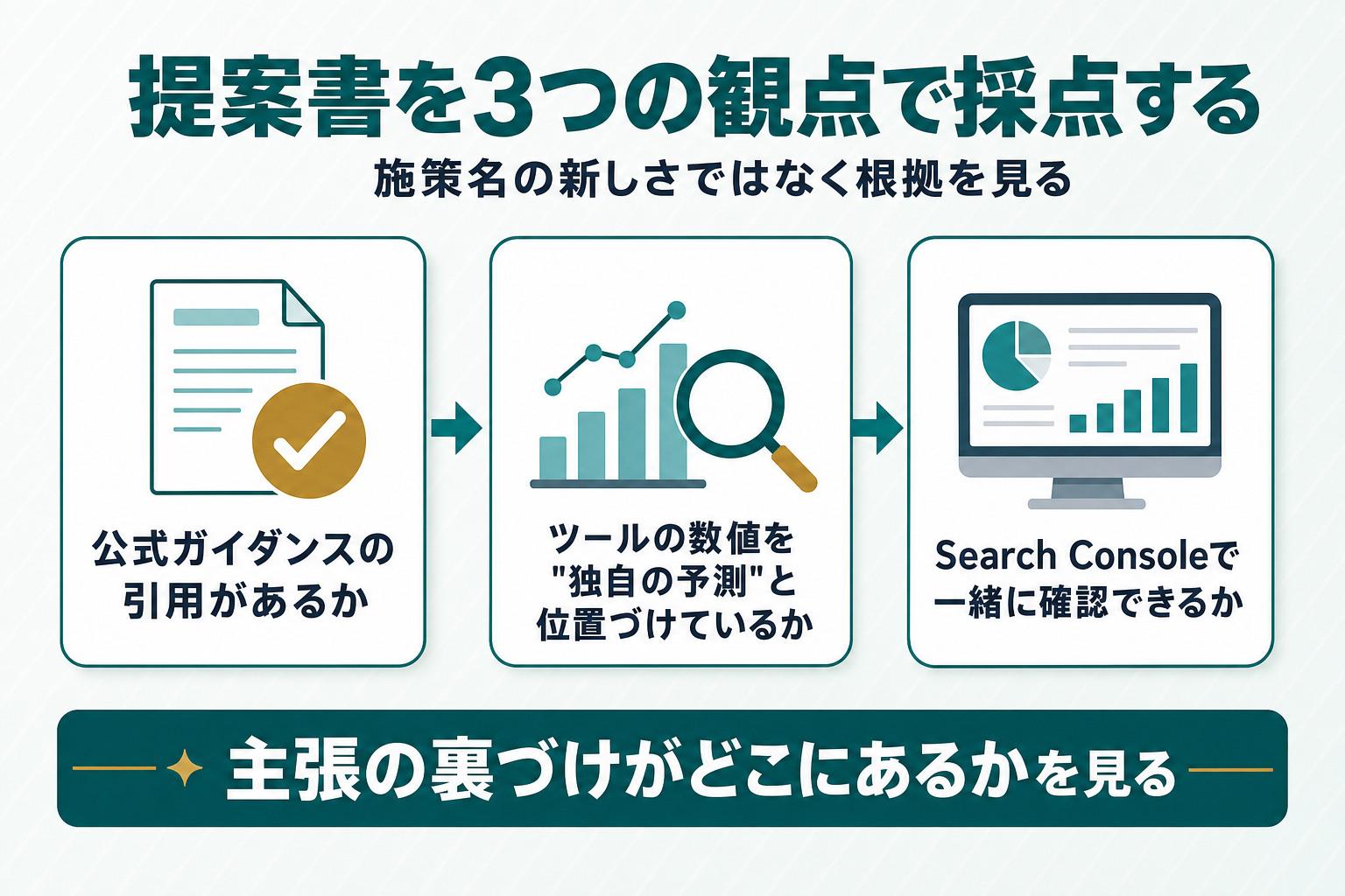 提案書を採点する3つの観点（公式ガイダンスの引用有無・AI最適化アドバイスの整合・使用ツールの妥当性）を示すカード3枚の図