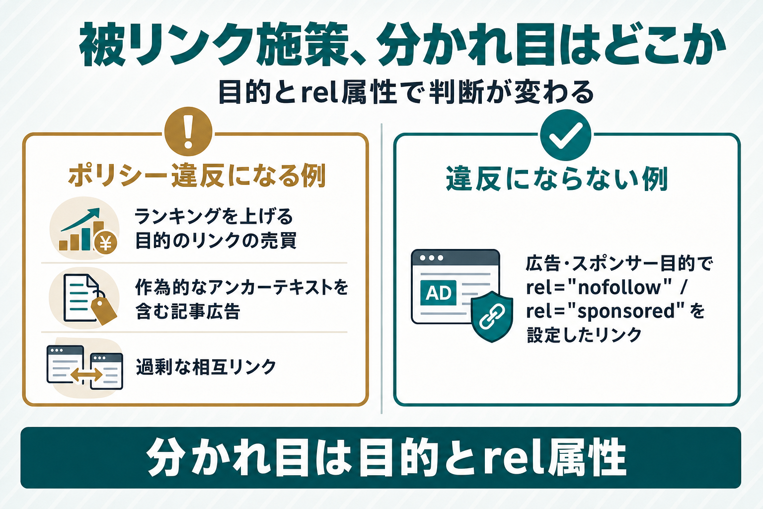 リンクスパムの左右対比図。左は違反になる例（リンクの売買・作為的アンカーテキストの記事広告・過剰な相互リンク）、右はrel属性設定で違反にならない例