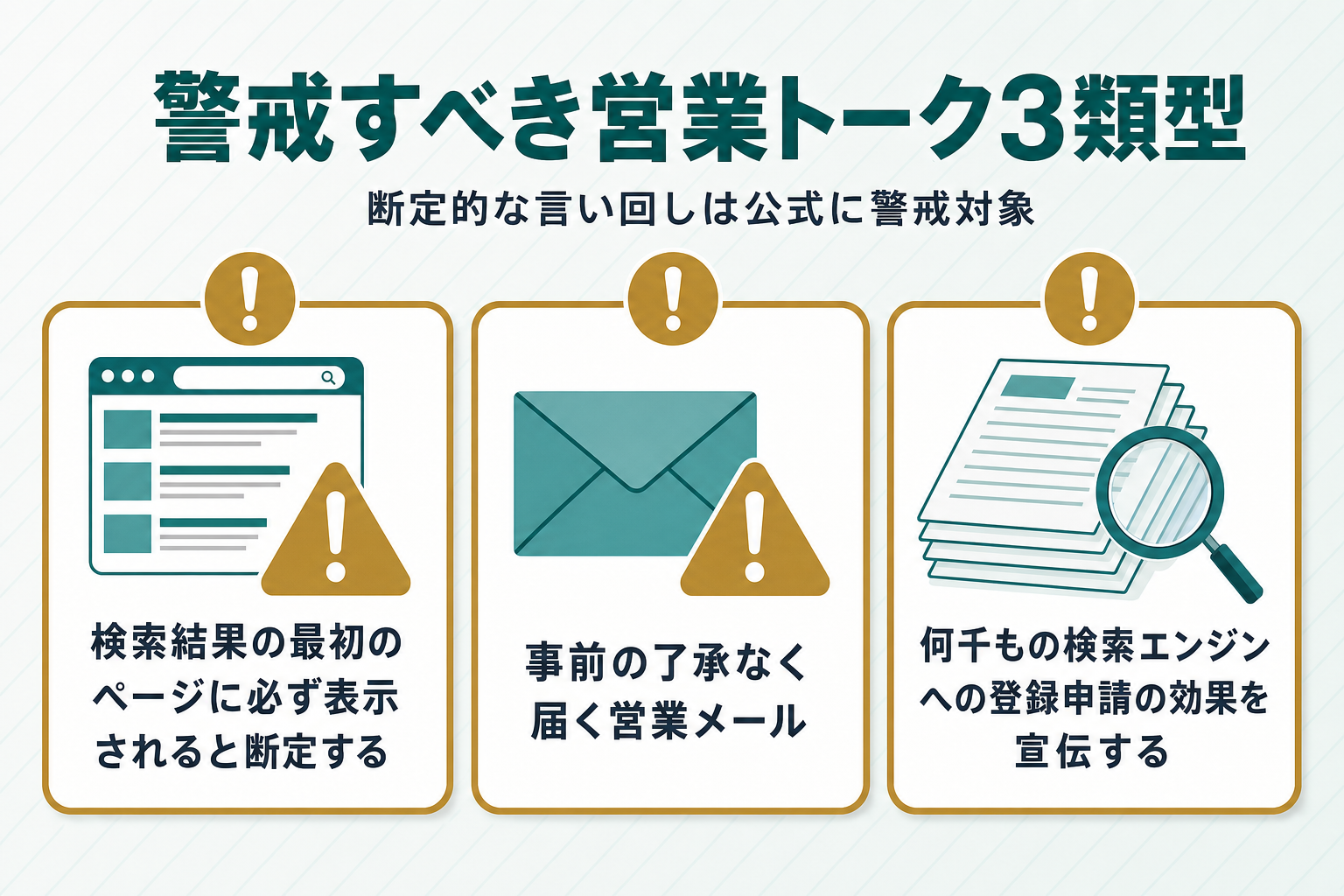 警戒すべき営業トーク3類型（順位を必ず1ページ目にする断定・未承諾の営業メール・大量登録やリンク対策の宣伝）を示すカード3枚の図