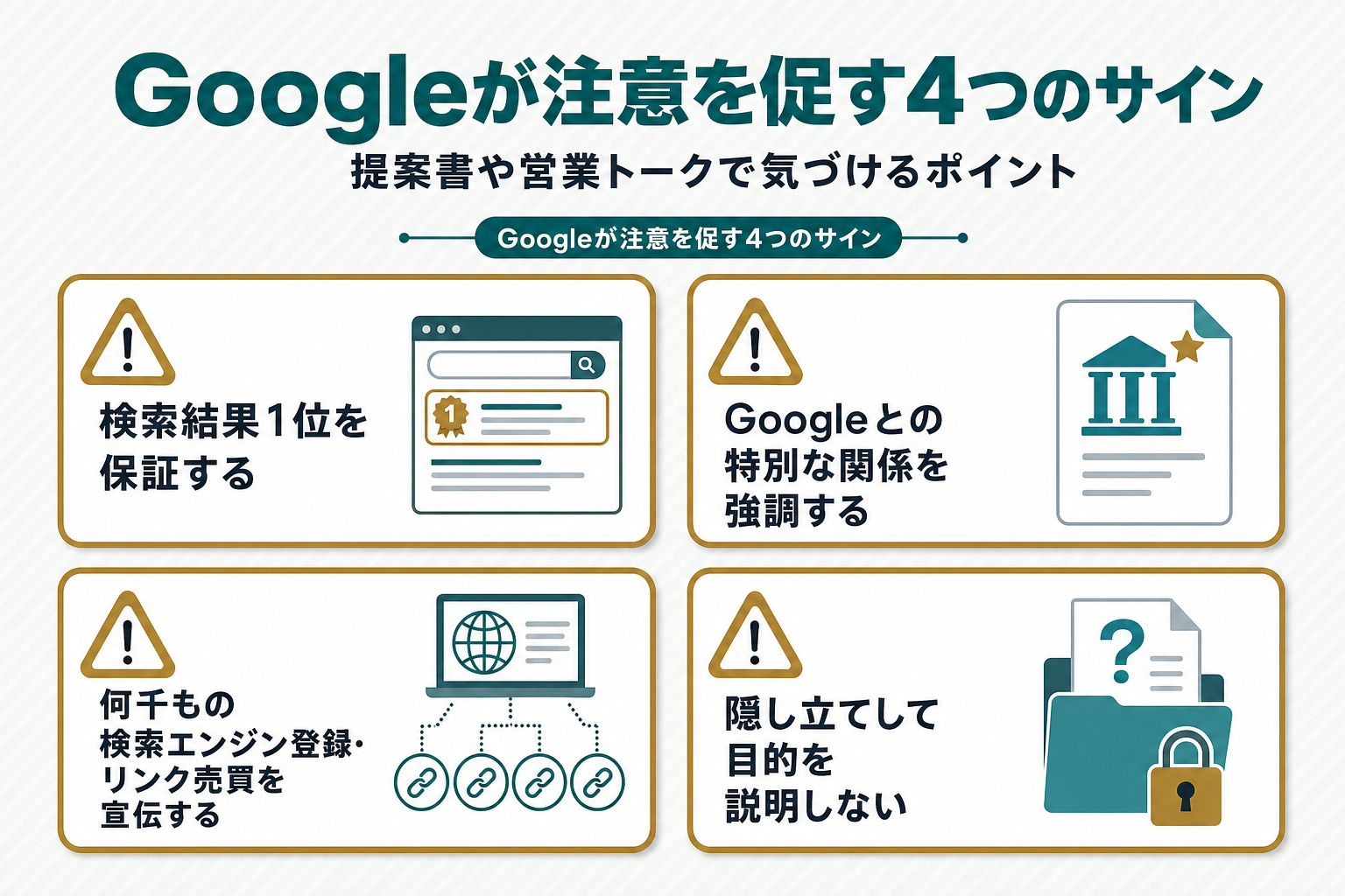 中央に「Googleが注意を促す4つのサイン」を置き、①検索結果1位を保証する②Googleとの特別な関係を強調する③何千もの検索エンジン登録・リンク売買を宣伝する④隠し立てして目的を説明しない、の4枚のカードを真鍮色の枠で配置した注意喚起カード図解
